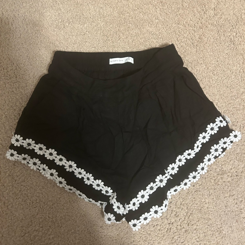 Altar'd State Black Shorts with White Floral Trim